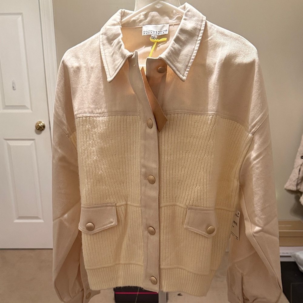 Frame Denim Cream Knit-Panel Jean Jacket